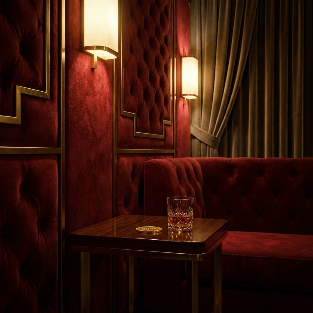 Close up of a velvet textured wall with warm golden sconce lighting in a luxurious private lounge setting