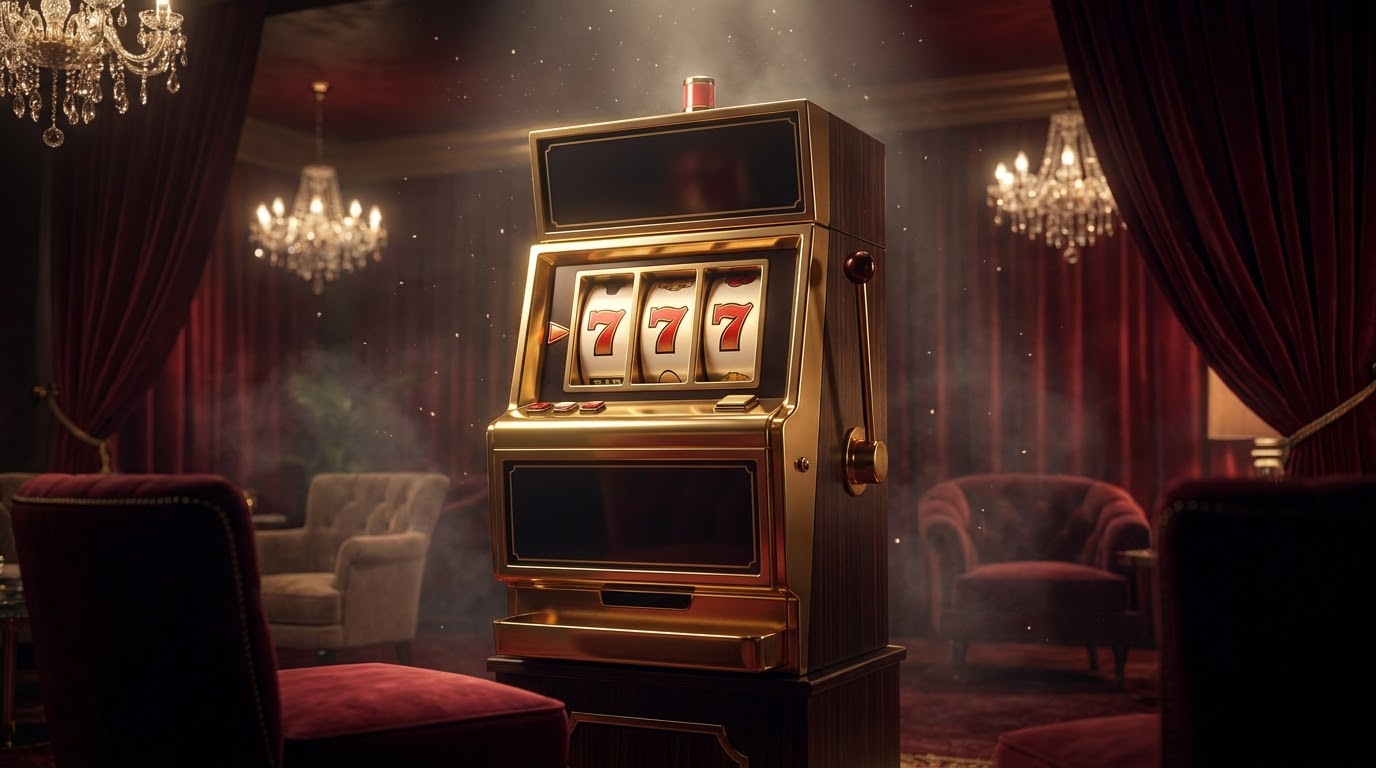 Classic three reel slot machine showing lucky 7s illuminated with warm gold light against a dark background