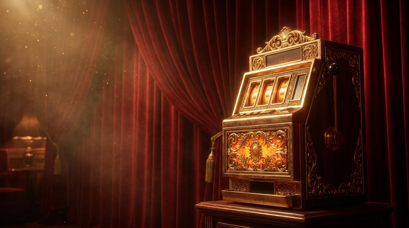 Vintage 1970s slot machine in a dimly lit high-end casino lounge with deep red velvet background and gold accents